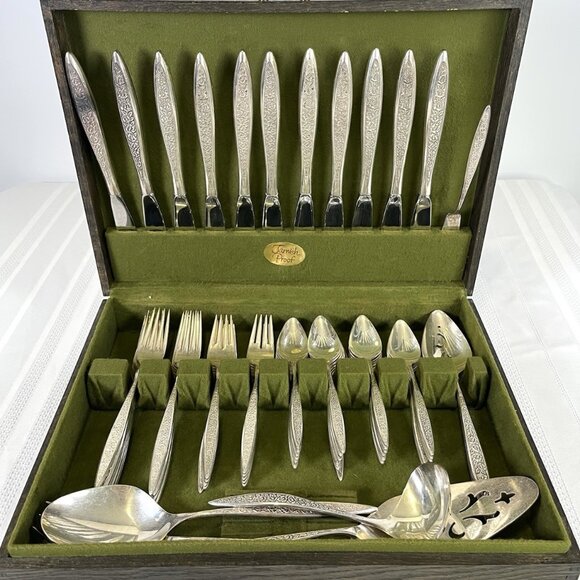 Vintage 60s MCM Deco International Silverplate Flatware Set w/ Chest 65pc Floral - Picture 1 of 16